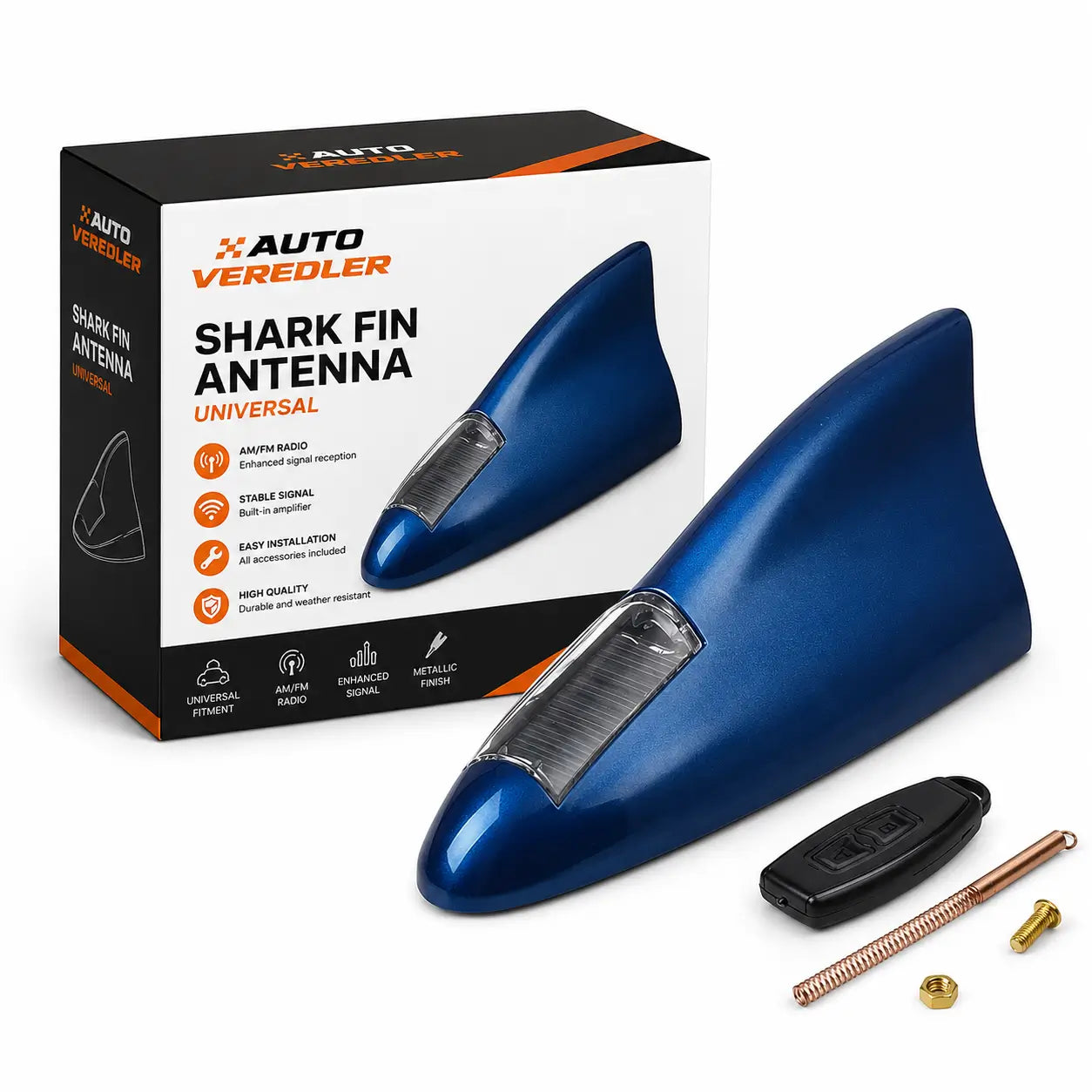 SharkBoost LED solar shark fin antenna in white with automatic night activation and smart brake alert system, universal fit for any vehicle