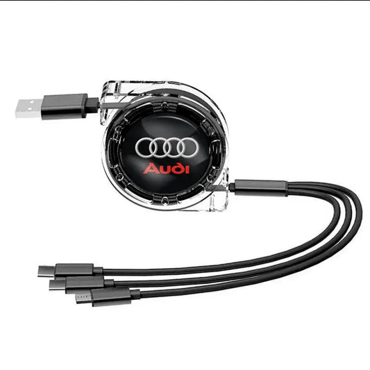 Audi 3-in-1 retractable charging cable with USB Type-C, Micro USB, and Lightning connectors – multi device charger