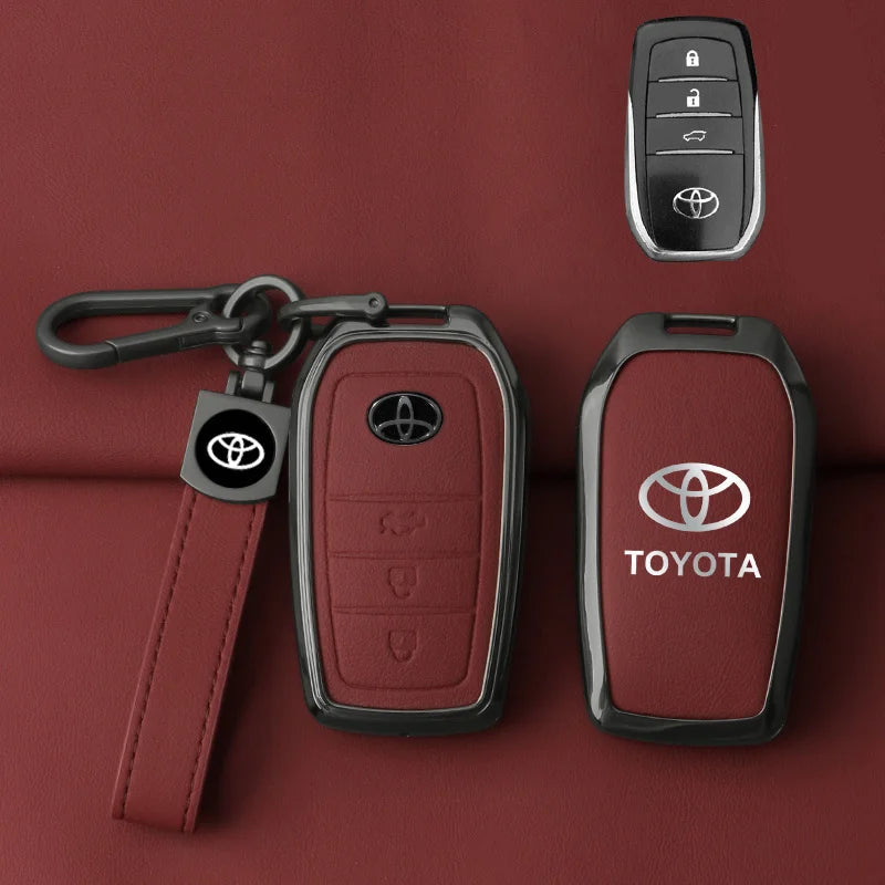 Alloy leather key case for Toyota car keys with premium design for CHR, Camry, Hilux, RAV4, and Land Cruiser